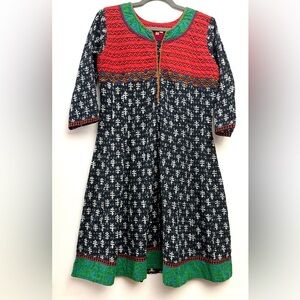 Handmade - Vintage Boho Red,Navy Blue, Multi Colored Maxi Dress with 3/4 Sleeves